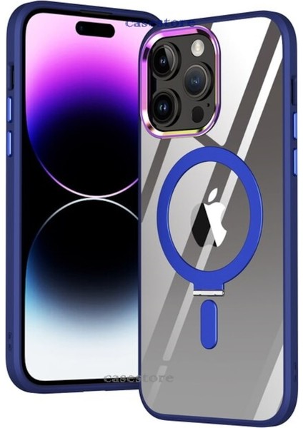 iPhone 14 Pro Kılıf Kamera Çerçeve Yükseltili Korumalı Parlak Metal Magsafe Manyetik Metal Yüzük Standlı Elit Kapak