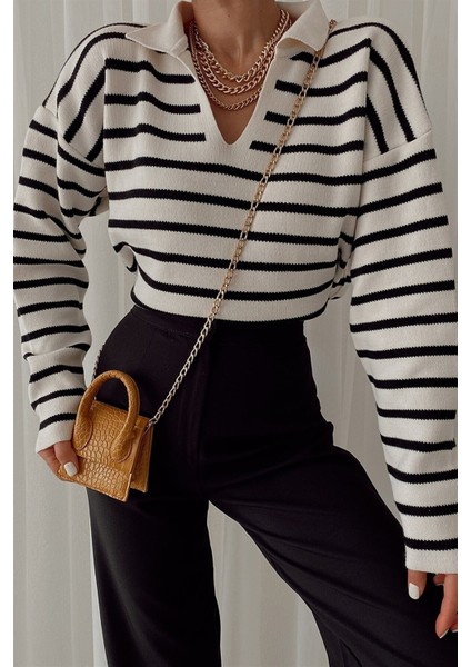 Polo Yaka Çizgili Triko Kazak Krem