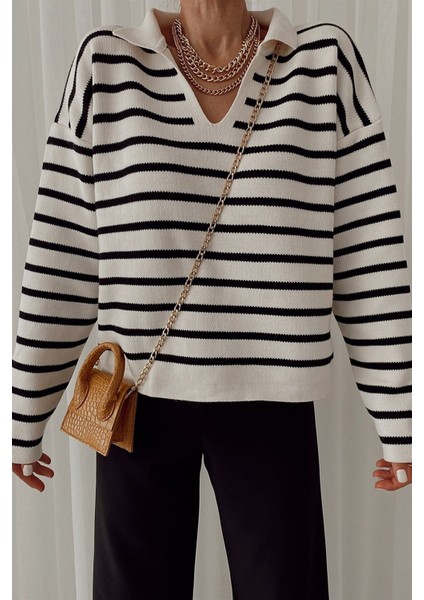 Polo Yaka Çizgili Triko Kazak Krem fiyatları