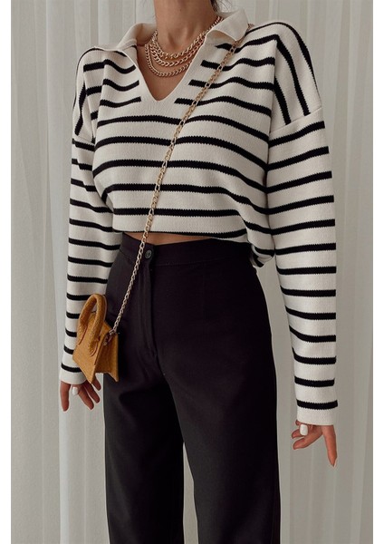 Polo Yaka Çizgili Triko Kazak Krem modelleri