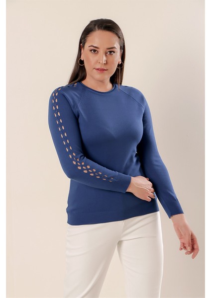 Kol Detaylı Büyük Beden Akrilik Kazak Saks