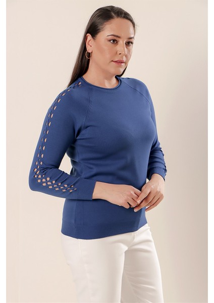 Kol Detaylı Büyük Beden Akrilik Kazak Saks modelleri