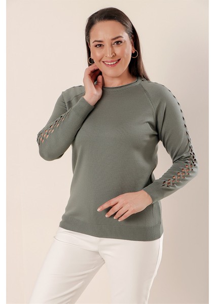 Kol Detaylı Büyük Beden Akrilik Kazak Su Yeşili