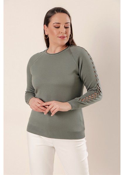 Kol Detaylı Büyük Beden Akrilik Kazak Su Yeşili modelleri