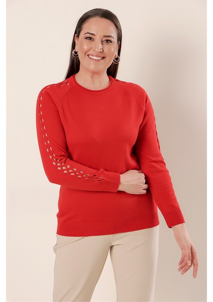 Kol Detaylı Büyük Beden Akrilik Kazak Mercan