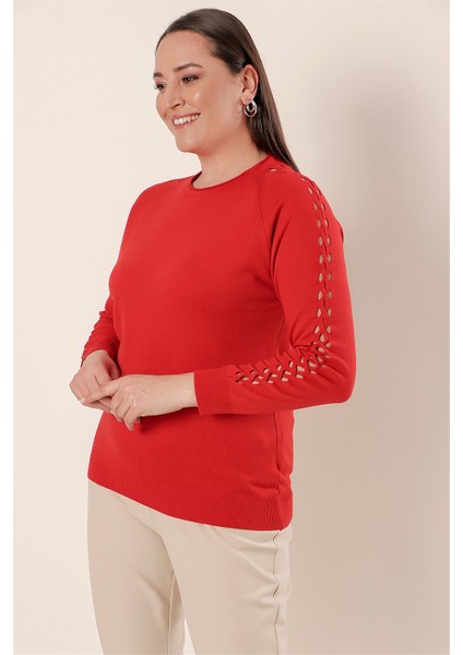 Kol Detaylı Büyük Beden Akrilik Kazak Mercan fiyatları