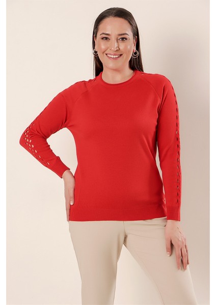 Kol Detaylı Büyük Beden Akrilik Kazak Mercan modelleri