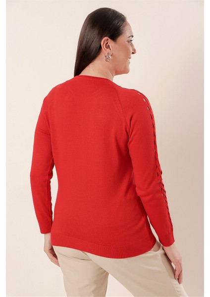 Kol Detaylı Büyük Beden Akrilik Kazak Mercan fırsatları