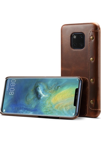 Huawei Mate 20 Pro Için Yağlı Balmumu Sığır Derisi Yatay Flip Deri Telefon Kılıfı - Kahverengi