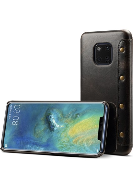 Huawei Mate 20 Pro Için Yağlı Balmumu Sığır Derisi Yatay Flip Deri Telefon Kılıfı - Siyah