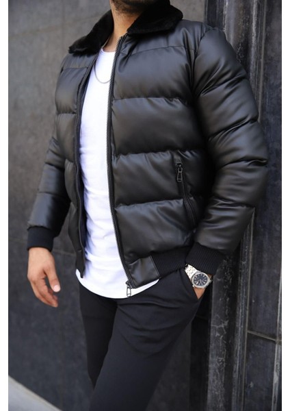 Erkek Şişme Dolum Kürklü Deri Mont