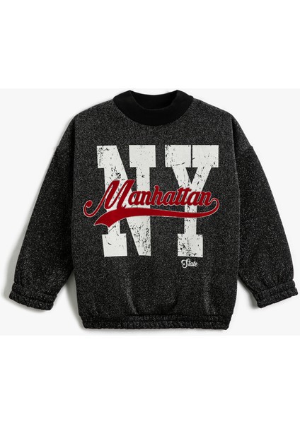 Kolej Baskılı Sweatshirt Parıltılı Dik Yaka Beli ve Manşetleri Elastik