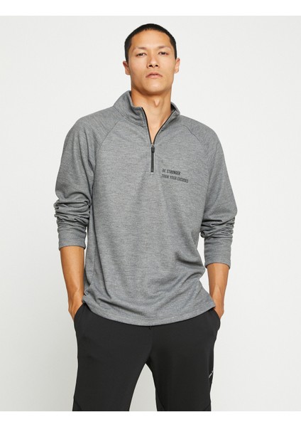 Basic Spor Sweatshirt Dik Yaka Fermuarlı Slogan Baskılı fiyatları