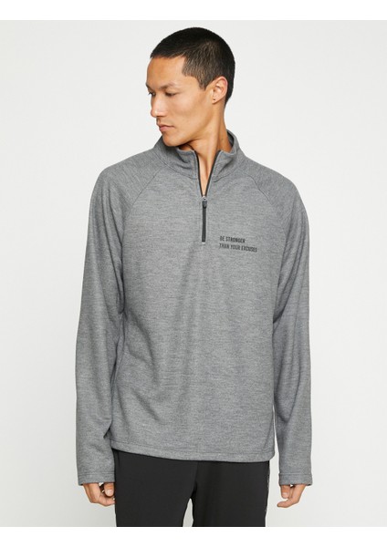 Basic Spor Sweatshirt Dik Yaka Fermuarlı Slogan Baskılı modelleri