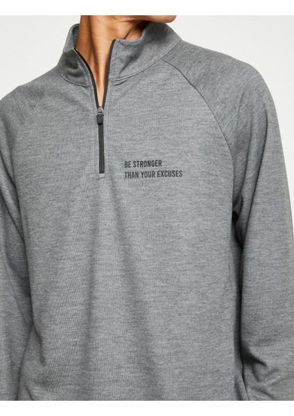 Basic Spor Sweatshirt Dik Yaka Fermuarlı Slogan Baskılı indirimleri