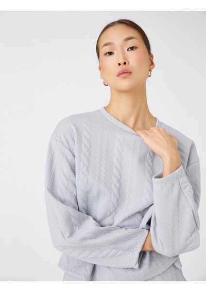 Crop Sweatshirt Örgü Desenli Uzun Kollu