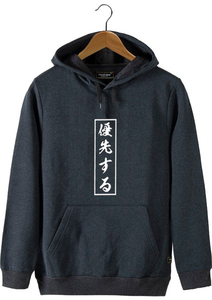 Erkek Antrasit Önü Japonca Baskılı Kapüşonlu Sweatshirt 22K-5200322-3