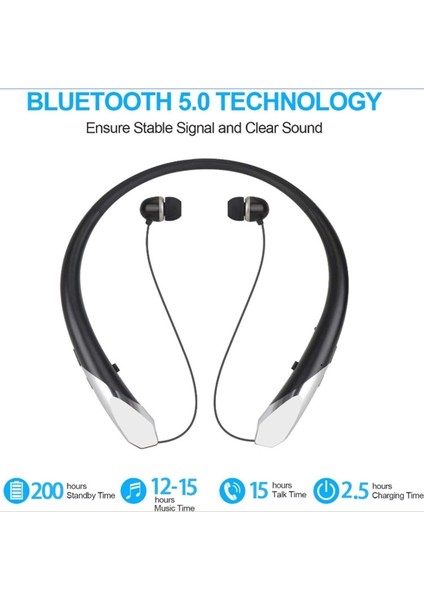 Bluetooth 5.0 Geri Çekilebilir Stereo Kulaklık - Siyah (Yurt Dışından)