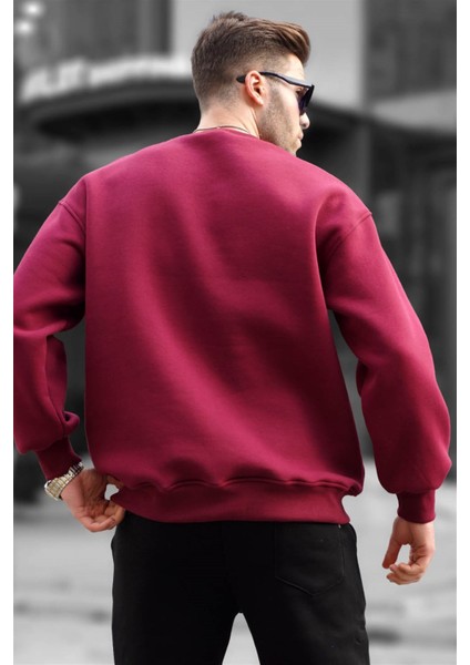 Bordo Bisiklet Yaka Oversize Şardonlu Basic Erkek Sweatshirt 6048