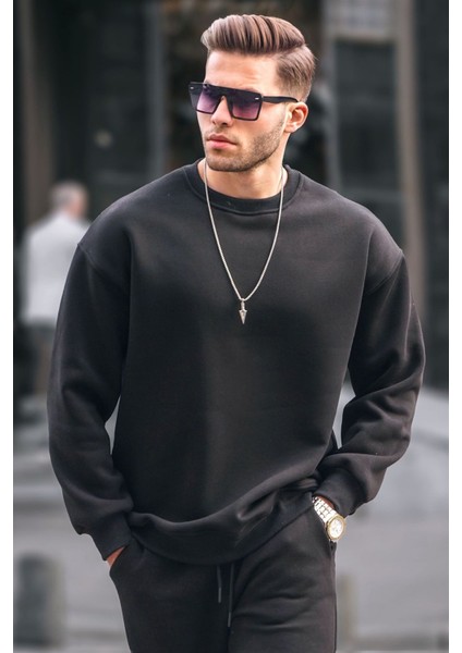 Siyah Bisiklet Yaka Oversize Şardonlu Basic Erkek Sweatshirt 6048