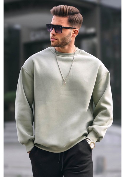 Mint Yeşili Bisiklet Yaka Oversize Şardonlu Basic Erkek Sweatshirt 6048