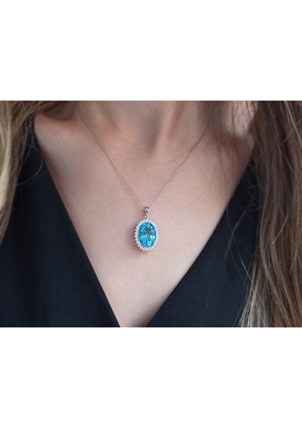 Oval Mavi Topaz Taşlı Pırlanta Anturaj Kolye 0404P0057