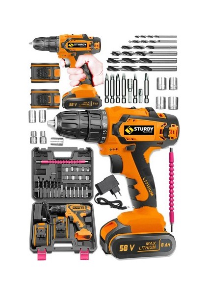Jtseri 58 V 8 Ah Darbeli Samsung Akülü Vidalama Matkap + Yardımcı Komple Set