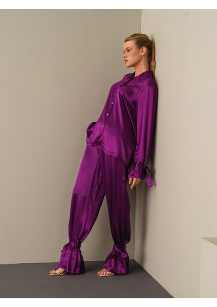 Kadın Mor Oversize Saten Gömlek