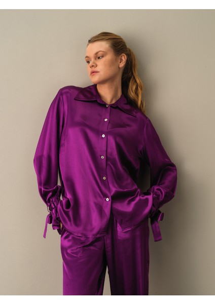 Kadın Mor Oversize Saten Gömlek indirimleri