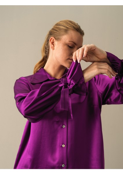 Kadın Mor Oversize Saten Gömlek