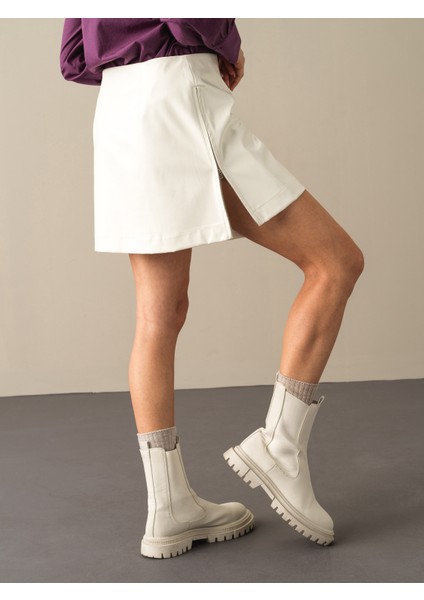 Kadın Ekru Regular Fit Deri Görünümlü Etek indirimleri