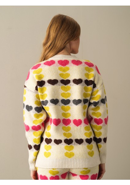 Kadın Sarı Oversize Desenli Kazak