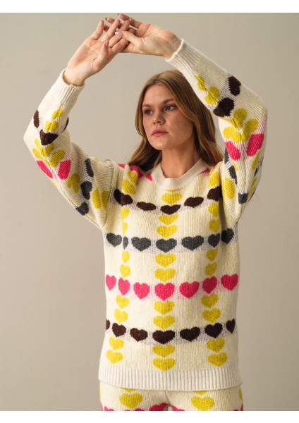 Kadın Sarı Oversize Desenli Kazak