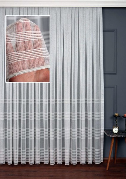 Taç Enine Çizgili Kullanıma Hazır 1/2,5 Normal Pile Tül Perde Tek Kanat - Ekru 100 x 260 cm