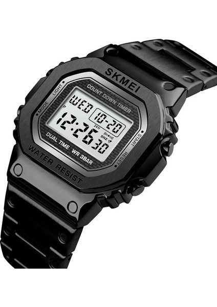 145S Siyah Renk Çelik Kasa Kronometreli Dijital Erkek Kol Saati