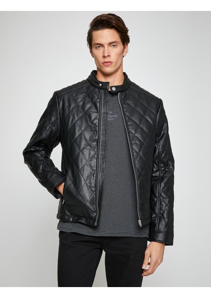 Deri Görünümlü Ceket Bomber Yaka Kapitoneli Cep Detaylı