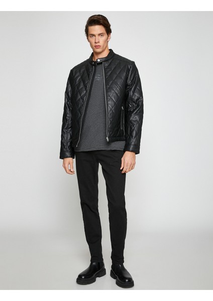 Deri Görünümlü Ceket Bomber Yaka Kapitoneli Cep Detaylı fiyatları