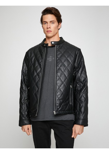 Deri Görünümlü Ceket Bomber Yaka Kapitoneli Cep Detaylı modelleri