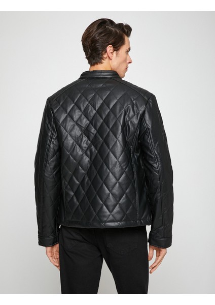 Deri Görünümlü Ceket Bomber Yaka Kapitoneli Cep Detaylı fırsatları