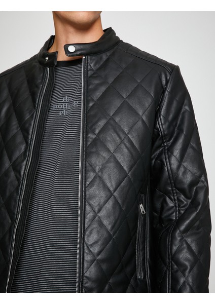 Deri Görünümlü Ceket Bomber Yaka Kapitoneli Cep Detaylı indirimleri