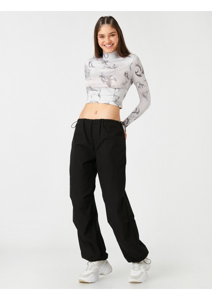 Uzun Kollu Tişört Crop Dik Yaka Desenli