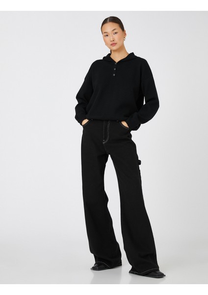 Oversize Triko Kazak Kapüşonlu Düğmeli Yaka fiyatları