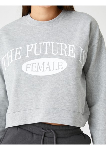 Crop Sweatshirt Baskılı Uzun Kollu Bisiklet Yaka Pamuklu