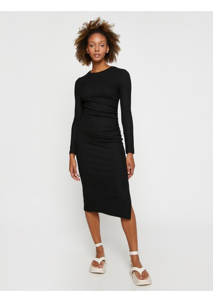 Midi Elbise Yırtmaç Detaylı Uzun Kollu Bisiklet Yaka fiyatları