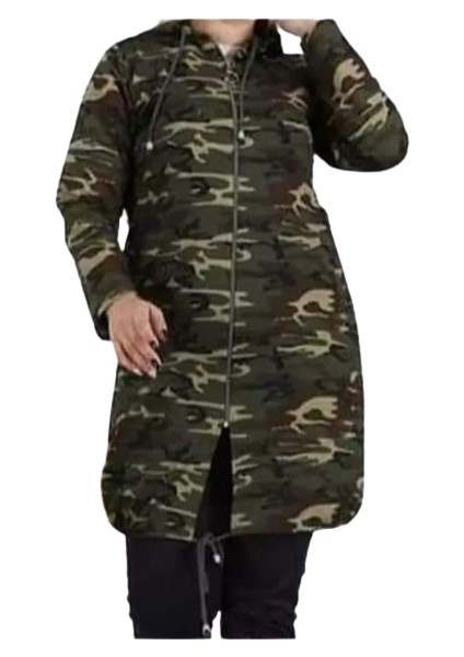 Kadın Kamuflaj Kapüşonlu Büyük Beden Kap
