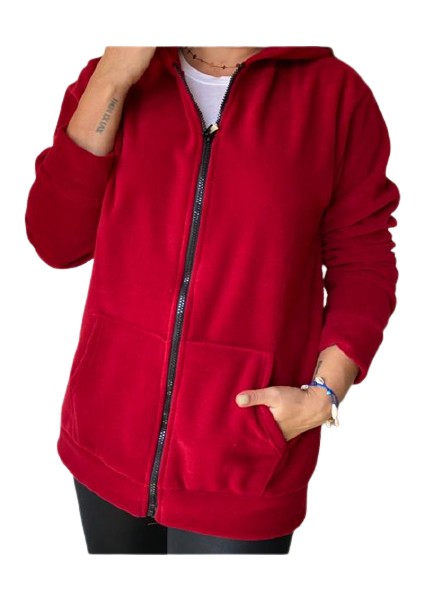 Kadın Kırmızı Fermuarlı Kapüşonlu Cepli Polar Mont