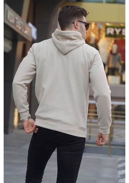 Bej Kapüşonlu Basic Sweatshirt 6014