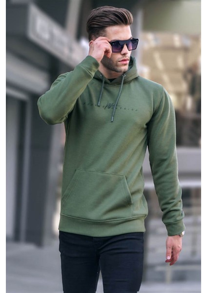 Haki Yeşili Kapüşonlu Basic Sweatshirt 6014