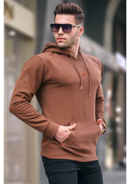 Kahverengi Kapüşonlu Basic Sweatshirt 6014