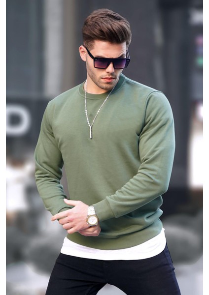 Haki Basic Bisiklet Yaka Erkek Sweatshirt 6047